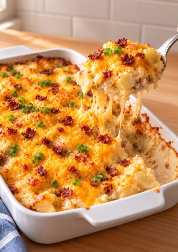 A cheesy casserole topped with chopped bacon and green onions, with a serving being scooped out, showing melted cheese stretching from the dish. The casserole sits on a wooden table near a blue-striped cloth.