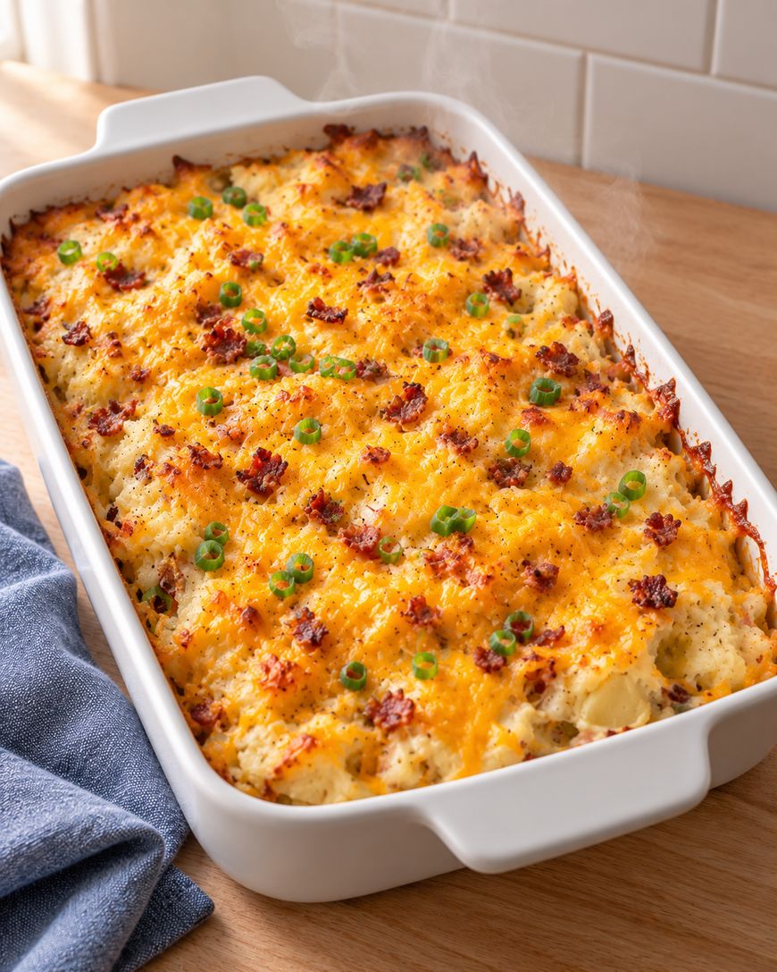 A rectangular white baking dish filled with a golden, cheesy casserole topped with green onions and crispy bacon bits, sitting on a wooden surface next to a blue towel. Steam is rising from the hot dish.