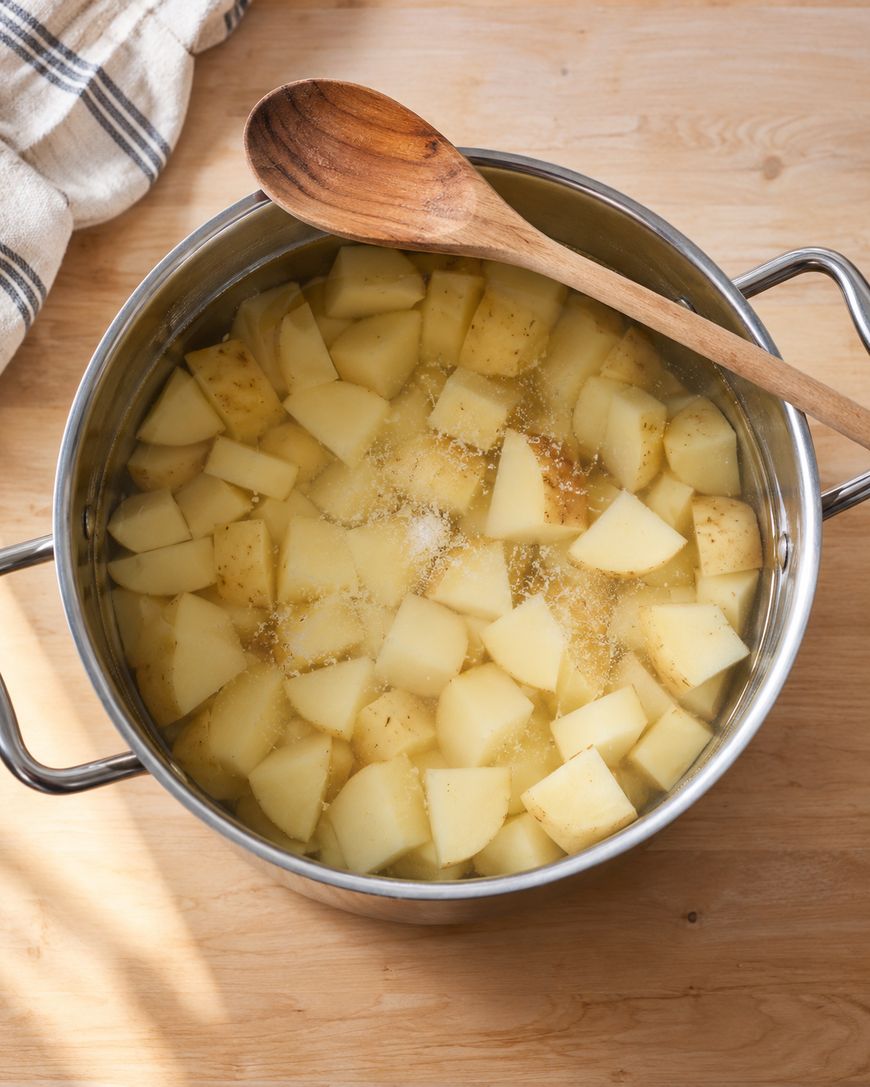 A pot of cubed potatoes boiling in water sits on a wooden surface with a wooden spoon resting on top and a striped kitchen towel nearby.