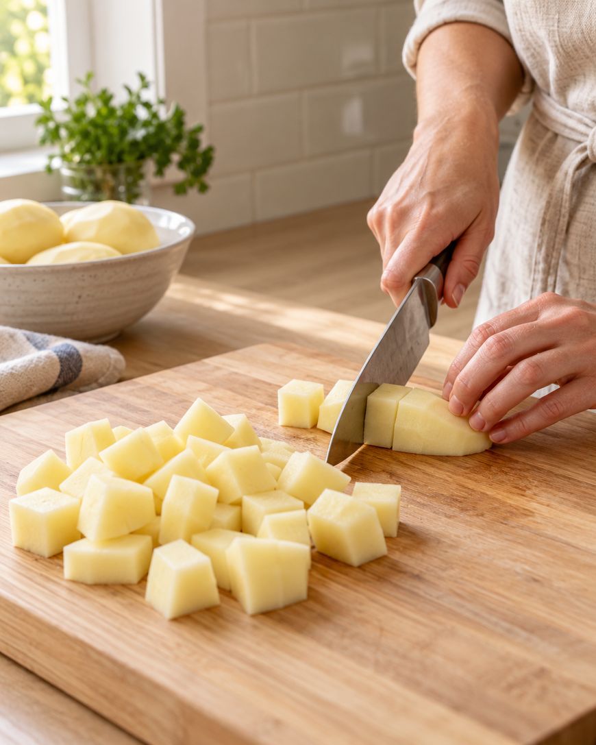 A person chops peeled potatoes into cubes on a wooden cutting board, with more peeled potatoes in a bowl nearby on a kitchen counter.