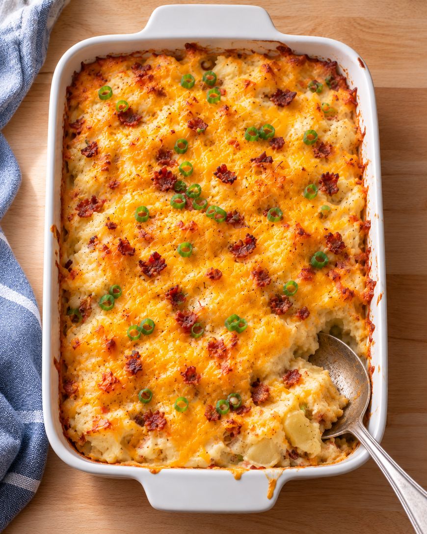 A baked casserole topped with melted cheddar cheese, green peas, and browned bits, in a white dish with a spoon scooping a portion. The dish rests on a wooden surface beside a blue and white towel.
