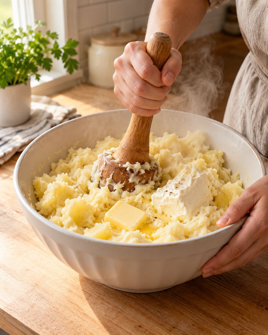 A person mashes potatoes in a large white bowl with a wooden masher. There are chunks of butter and cream cheese on top. Sunlight streams onto the wooden countertop.