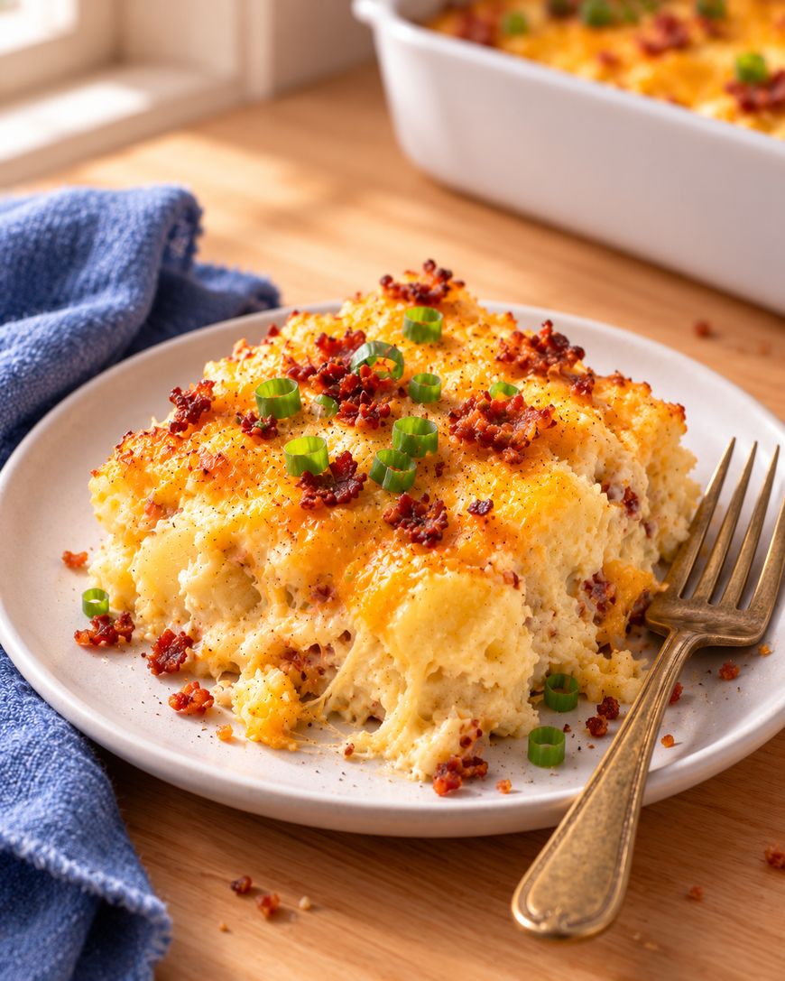 A serving of cheesy breakfast casserole topped with bacon bits and green onions on a white plate, with a fork beside it and a casserole dish in the background.