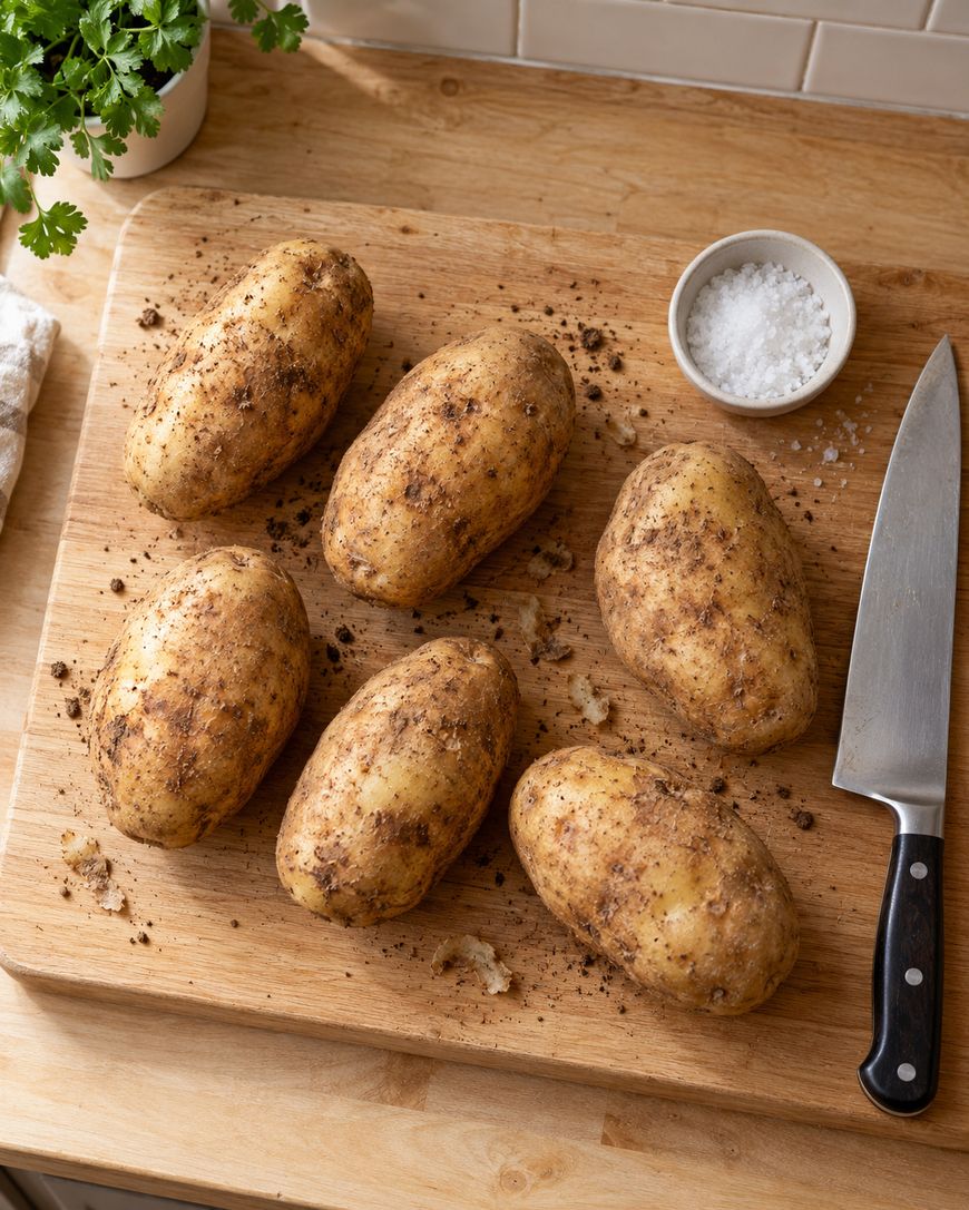 Six unpeeled, dirty potatoes on a wooden cutting board with a chefs knife and a small bowl of salt nearby; fresh parsley is partially visible in the corner.