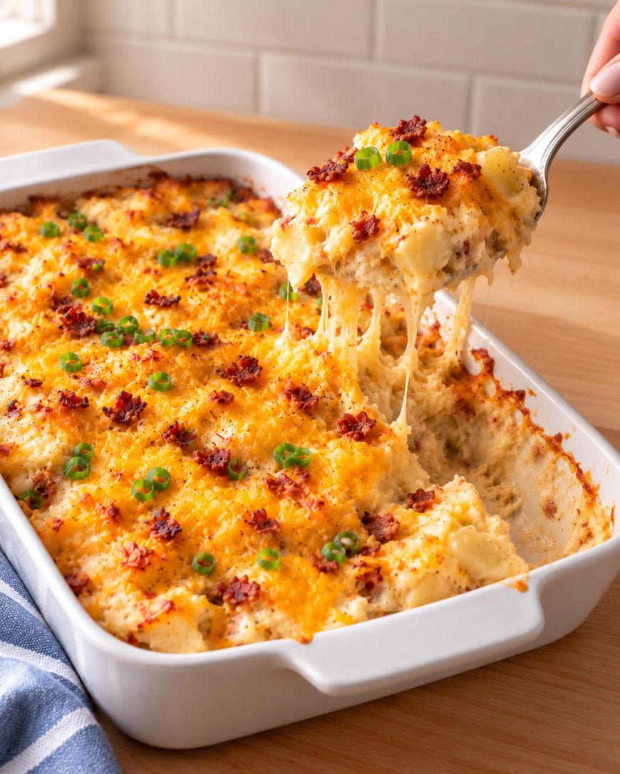 Cheesy potato casserole topped with melted cheese, bacon bits, and green onions in a white baking dish. A serving is being lifted, showing gooey cheese stretching.