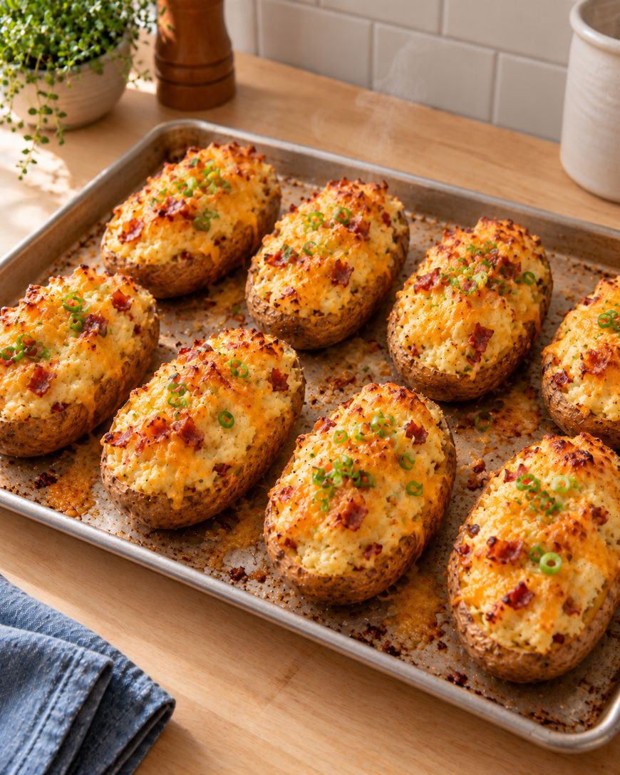 A baking tray holds eight twice-baked potatoes topped with melted cheese, bacon bits, and chopped green onions. The tray is on a wooden countertop beside a plant and folded blue napkin.