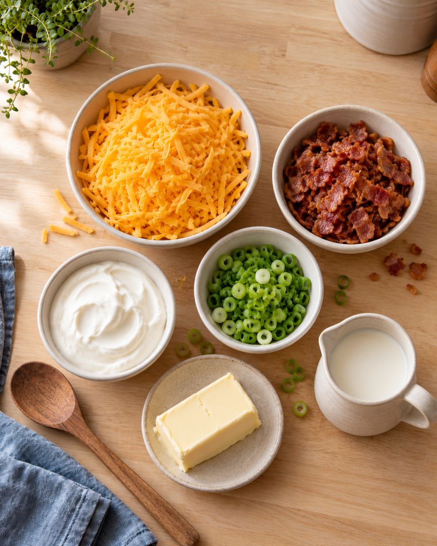 Bowls of shredded cheddar cheese, cooked bacon pieces, sour cream, sliced green onions, a stick of butter on a plate, and a small jug of milk arranged on a wooden table with a wooden spoon and a blue napkin.