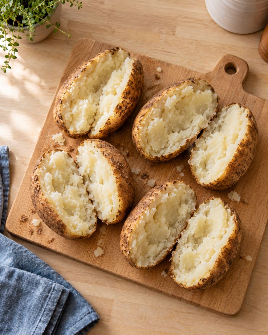 Six baked potatoes split open on a wooden cutting board, exposing their fluffy insides. A plant, blue napkin, and containers are visible in the background.