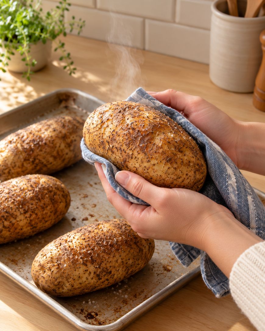 A person holds a steaming, seasoned baked potato with a cloth, while three more potatoes rest on a baking sheet on a wooden countertop.