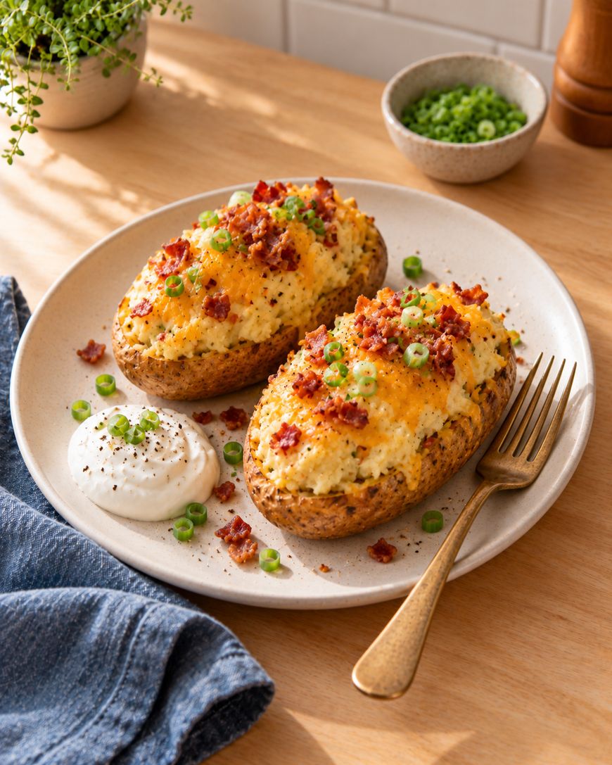 A plate with two loaded twice-baked potatoes topped with cheese, bacon bits, and green onions, served with a dollop of sour cream. A fork, napkin, and a bowl of chopped green onions are nearby.