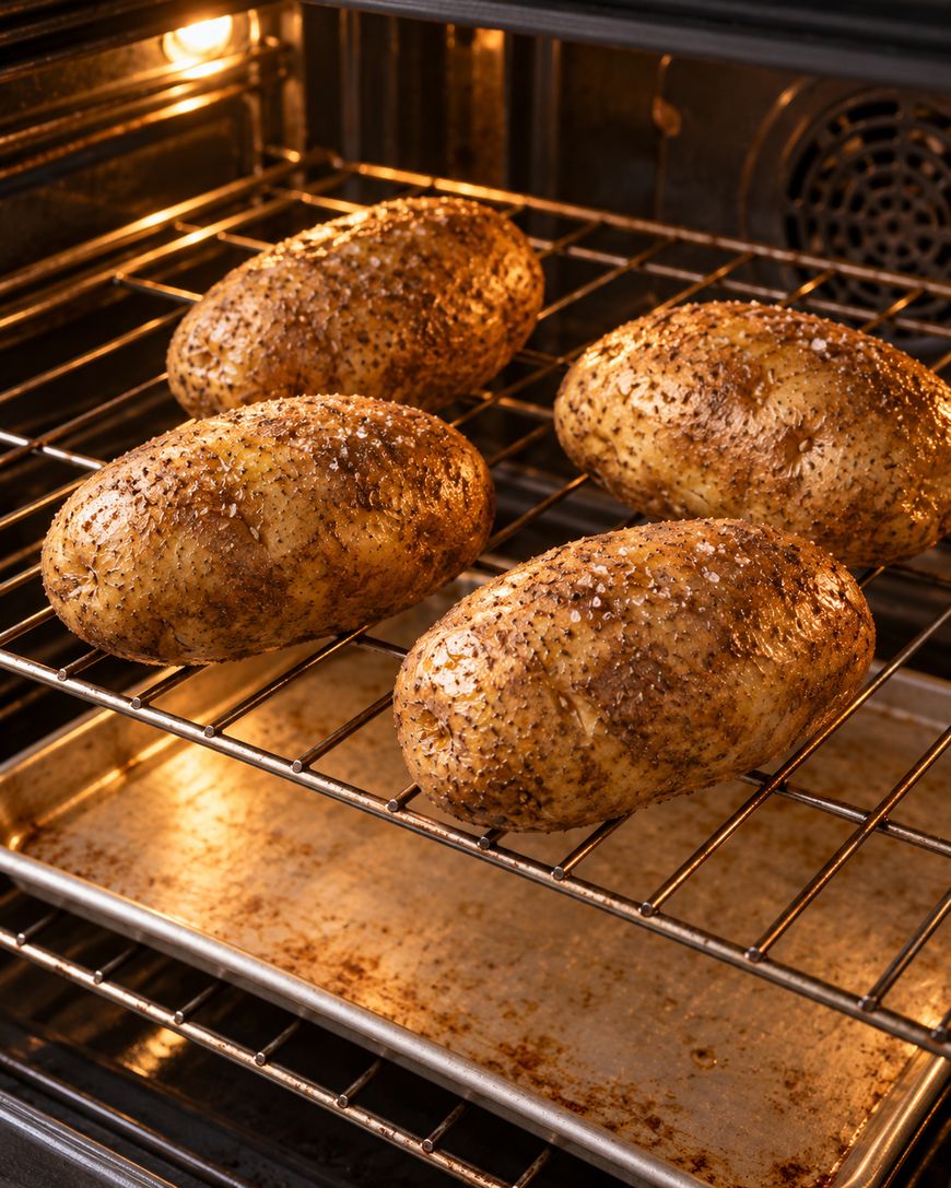 Four seasoned, salted russet potatoes are baking directly on an oven rack above a metal tray, with the oven door open and the heating element glowing in the background.