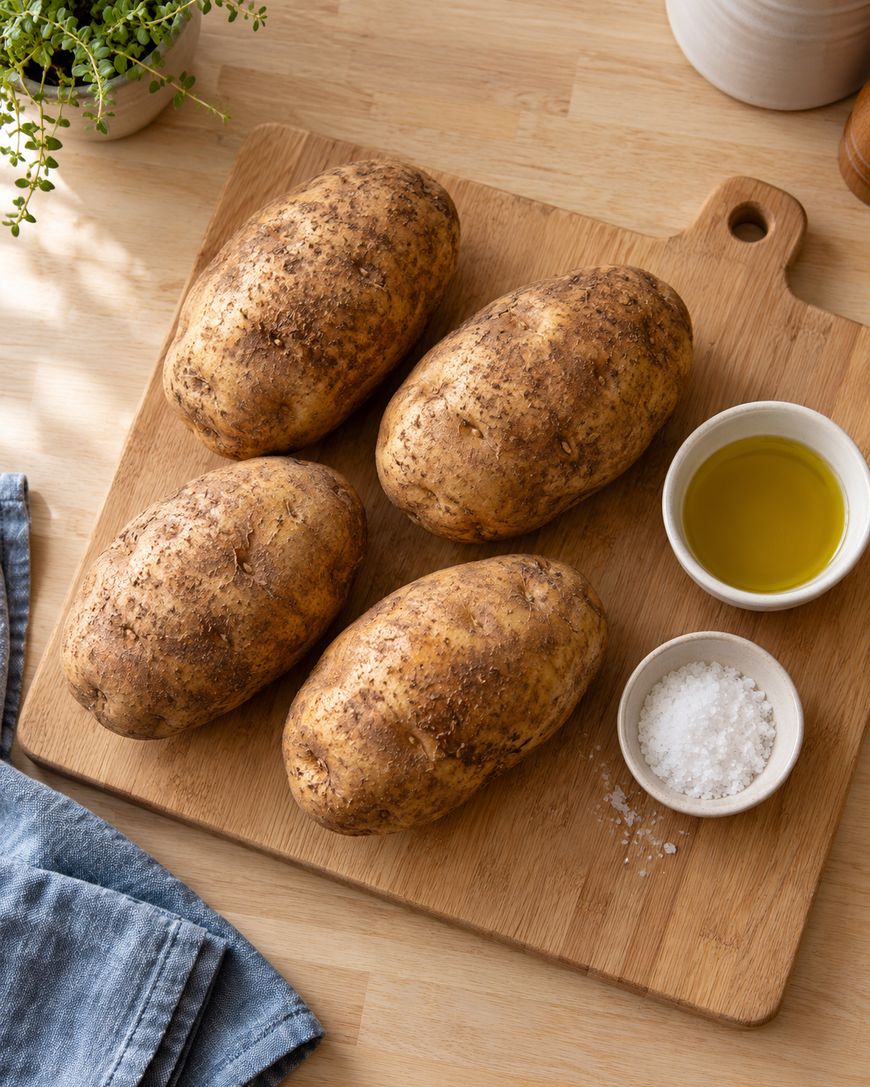 Four unwashed potatoes sit on a wooden cutting board next to a small bowl of olive oil and a small bowl of salt, with a blue napkin and green plant nearby.