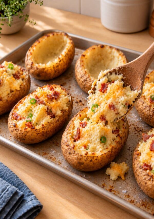 A baking tray with six twice-baked potato halves filled with mashed potato, cheese, bacon bits, and green peas. A wooden spoon scoops filling into one potato shell. A plant and kitchen towels are in the background.
