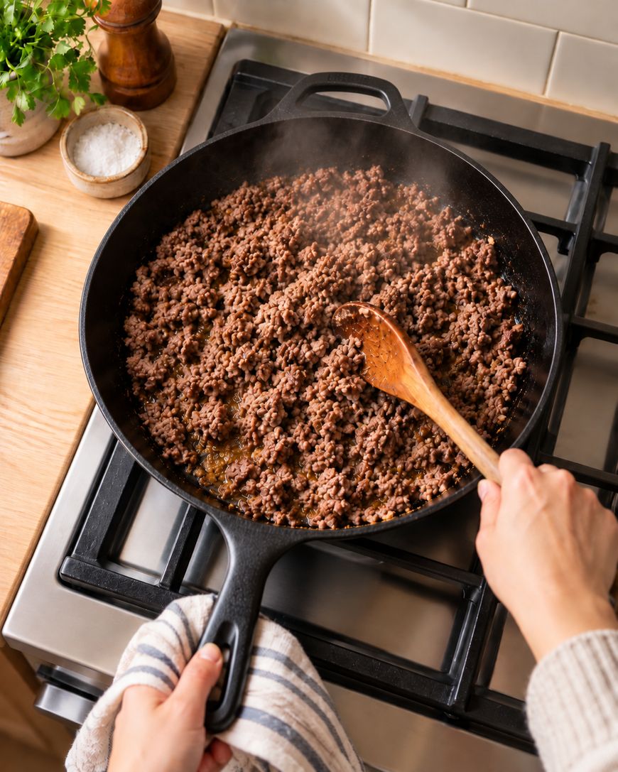 Hands holding a skillet and stirring cooked ground beef with a wooden spoon on a stove, with steam rising and a towel in one hand. Salt dish and herbs are on the counter nearby.