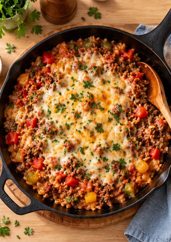 A cast iron skillet filled with cheesy ground beef, rice, bell peppers, and tomatoes, garnished with chopped parsley. A wooden spoon rests inside the skillet on a wooden surface.