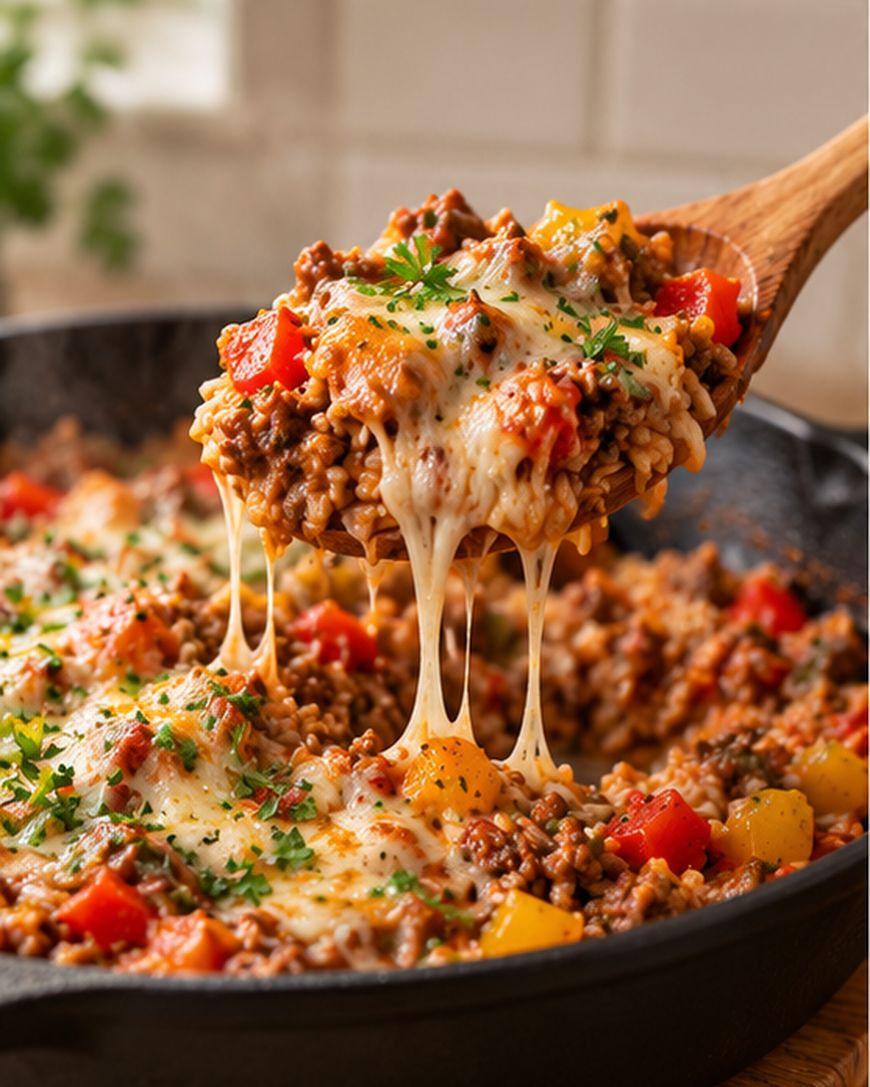 A wooden spoon lifts cheesy, baked ground beef, rice, and bell peppers from a skillet, with melted cheese stretching from the pan.