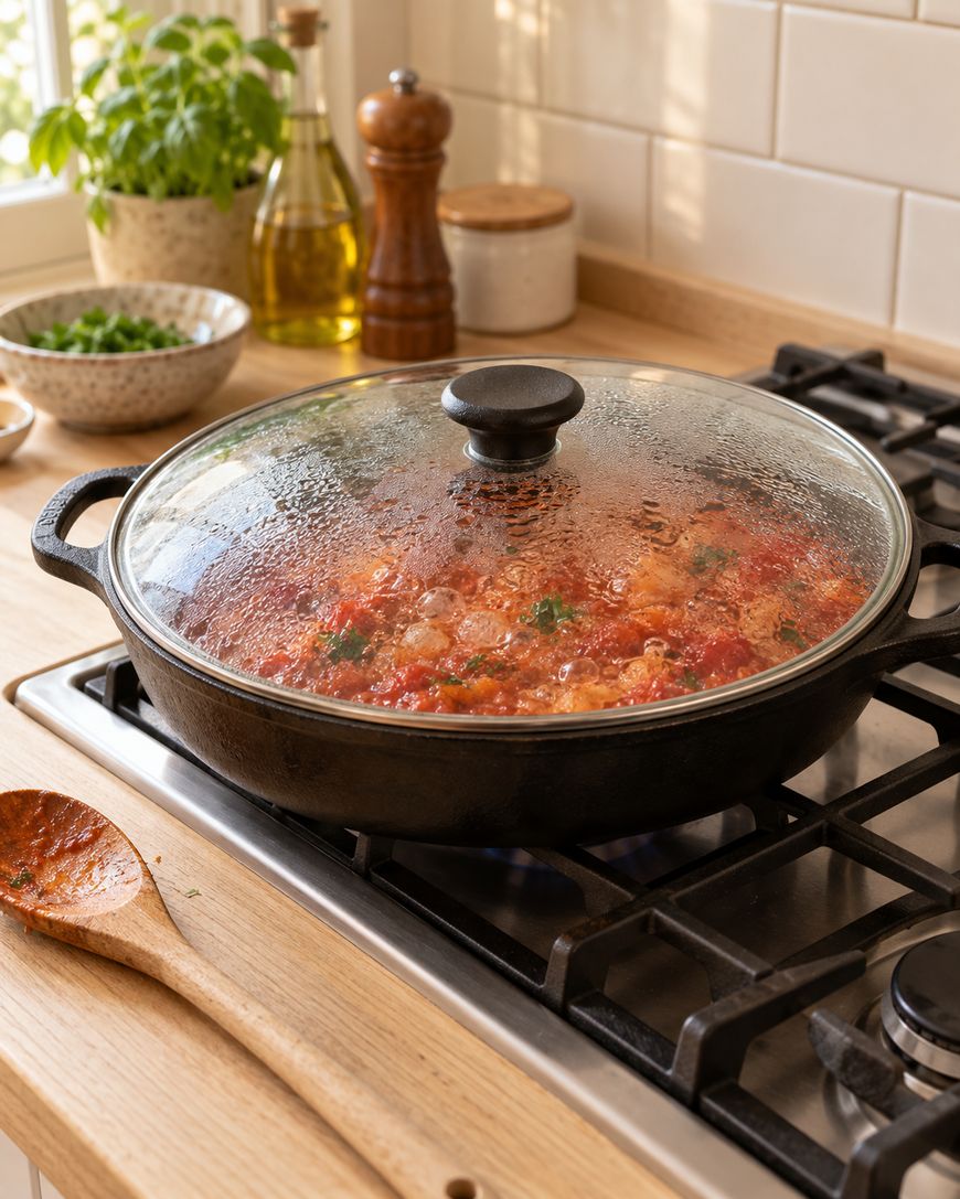 A glass-lidded skillet simmers with tomato sauce on a stove. A wooden spoon with sauce rests nearby. Fresh herbs, olive oil, and a pepper grinder are on the counter, with sunlight shining through a window.