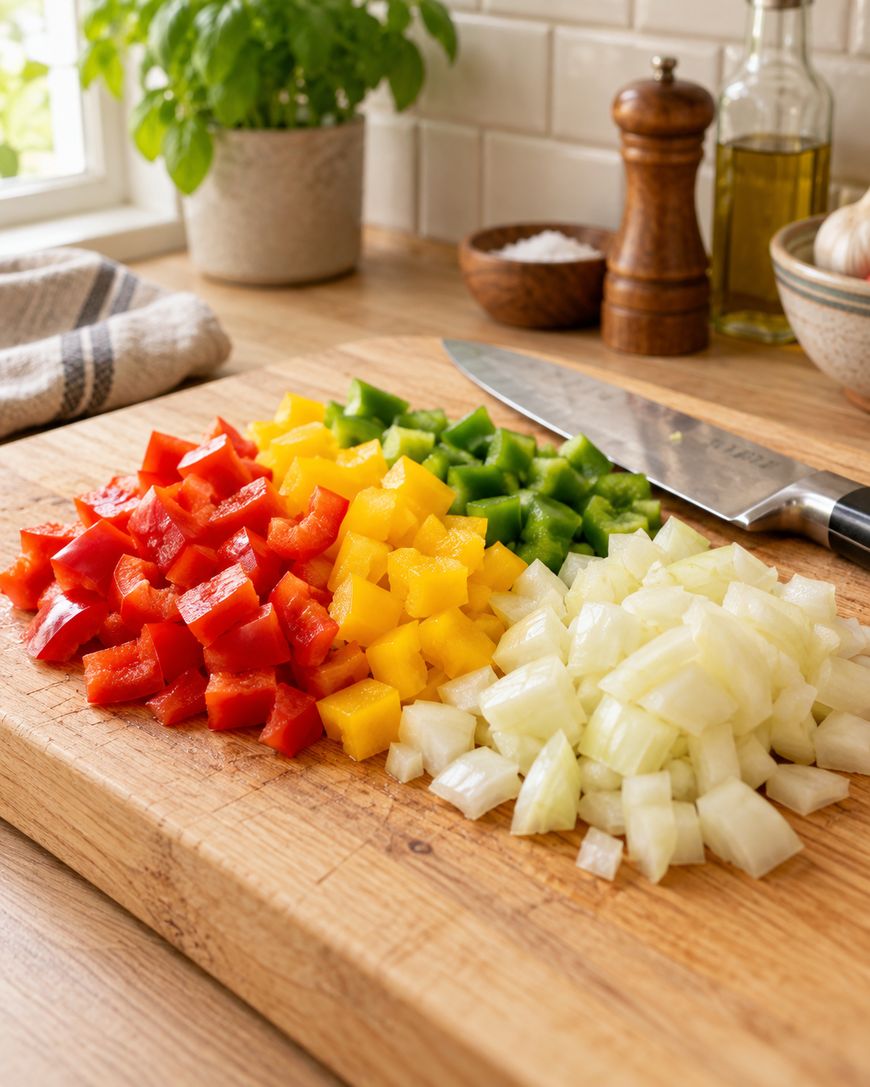 Diced red, yellow, and green bell peppers, and white onion arranged on a wooden cutting board next to a knife, with kitchen items like oil, salt, and a potted plant in the background.