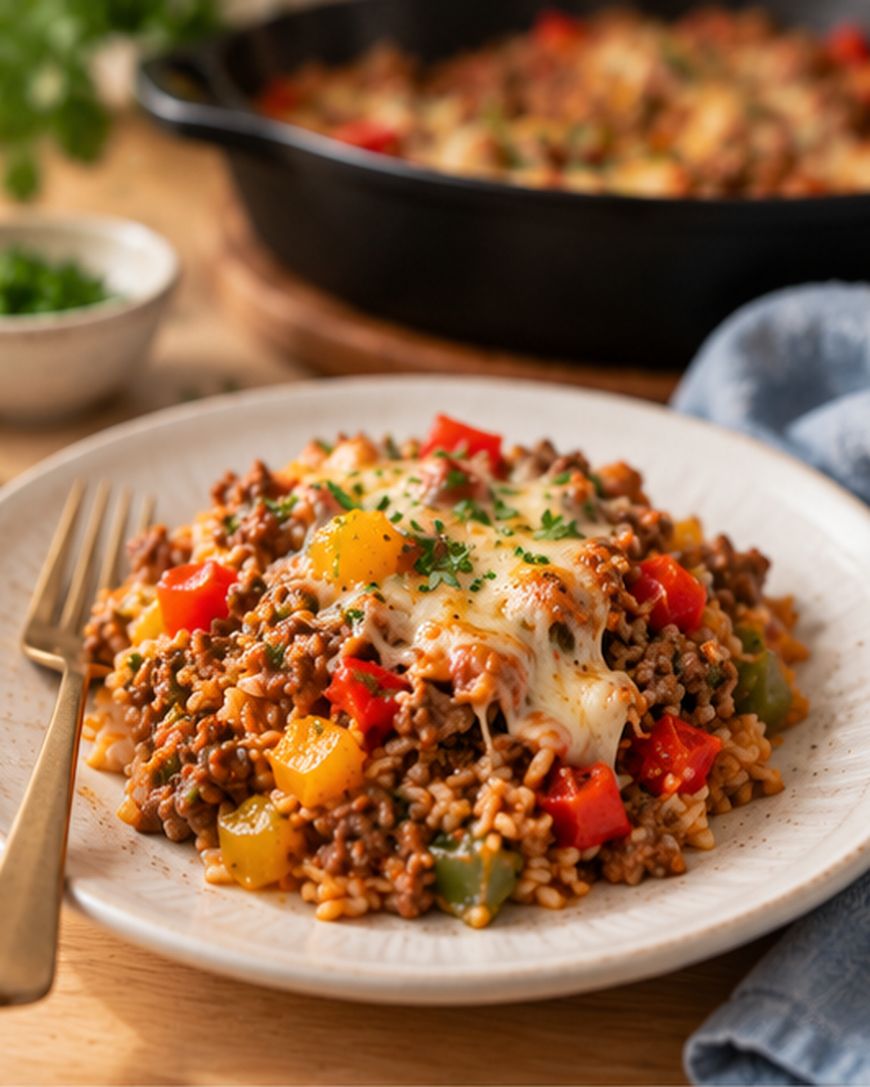 A plate of cheesy ground beef and rice casserole with colorful bell peppers, topped with melted cheese and chopped herbs, sits on a table beside a gold fork and a cast iron skillet in the background.
