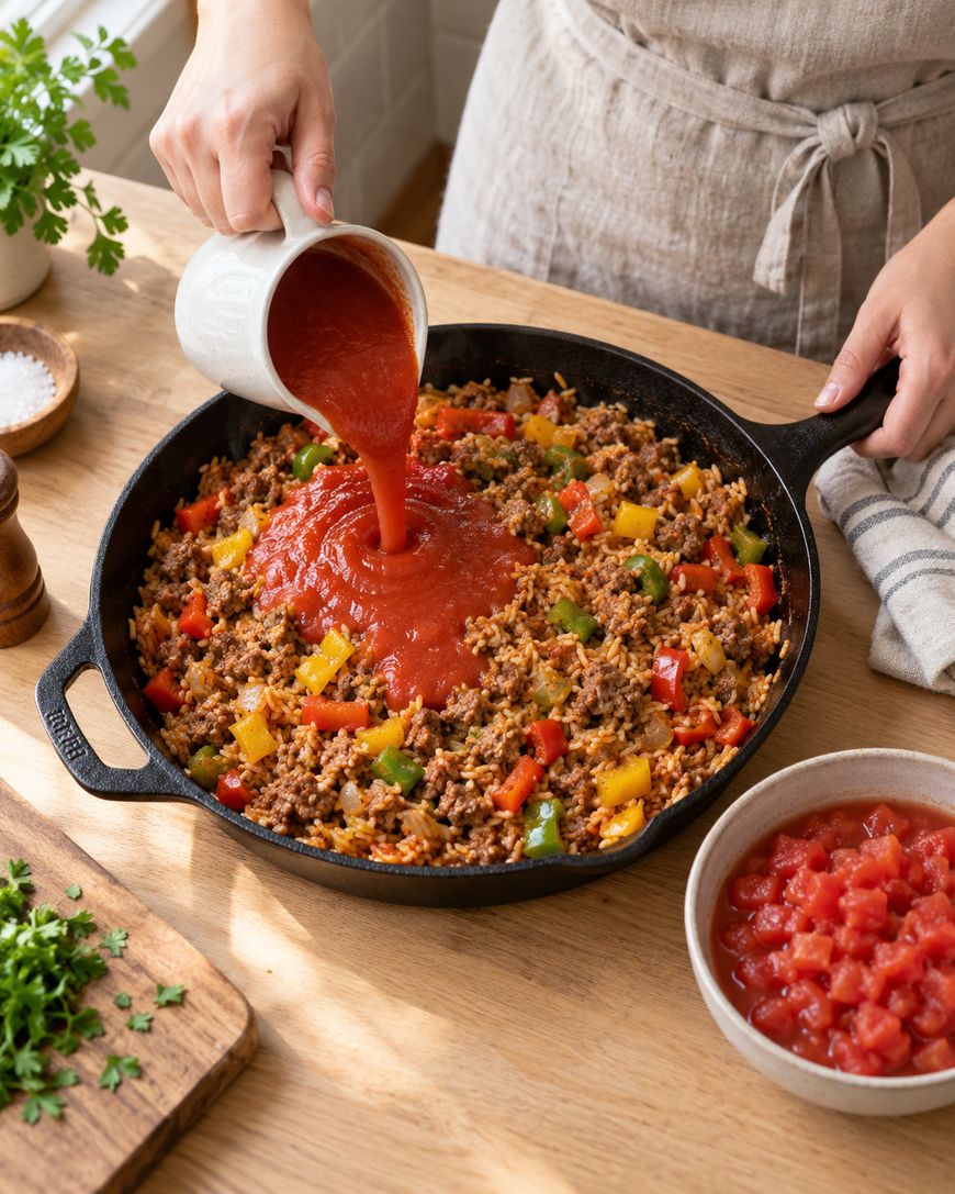 A person pours tomato sauce into a skillet with cooked ground beef, red and yellow bell peppers. Chopped tomatoes, herbs, and salt are on the wooden counter nearby.