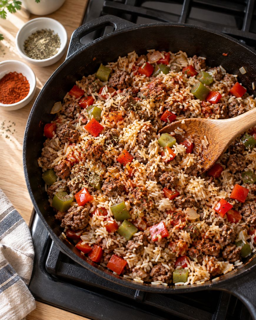 A skillet filled with cooked ground beef, rice, red and green bell peppers, and spices, being stirred with a wooden spoon on a stovetop. Bowls of spices and a kitchen towel are nearby.