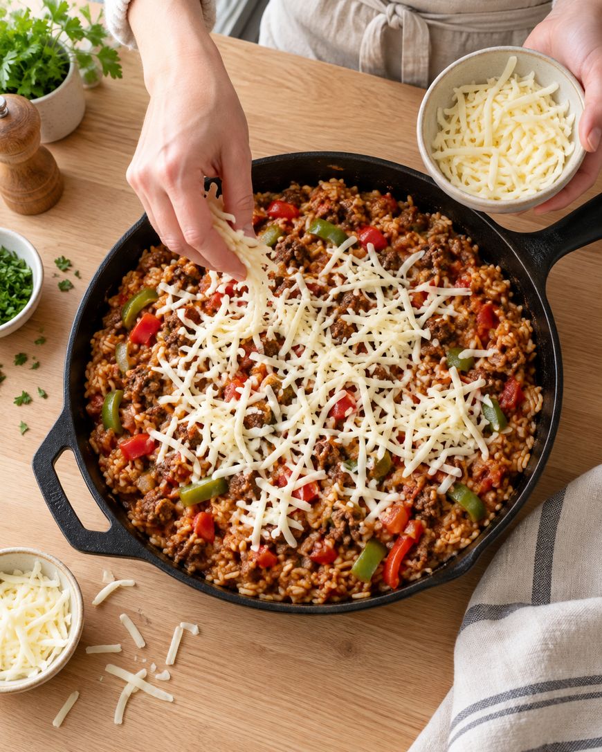 A person sprinkles shredded cheese onto a skillet filled with rice, ground meat, and chopped red and green bell peppers on a wooden table.