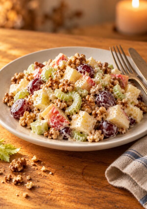 Waldorf salad with apples, grapes, celery, and walnuts on a plate with a fork and knife.