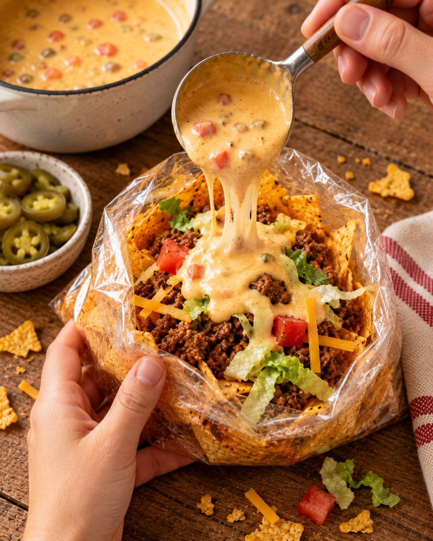 A hand pours queso from a ladle over a bag of nachos topped with ground meat, shredded lettuce, tomatoes, and cheese.