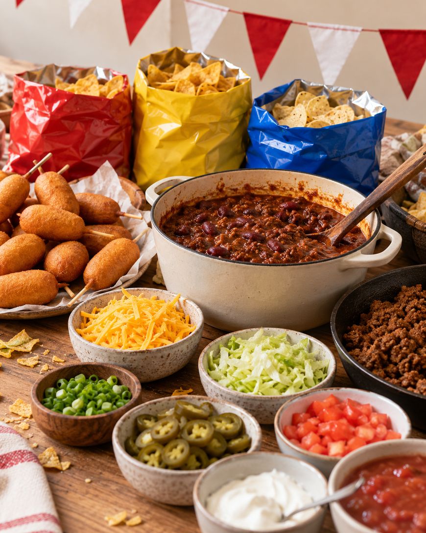 A spread of chili fixings including a pot of chili, corn dogs, tortilla chips, shredded cheese, shredded lettuce, diced tomatoes, sliced jalapeños, chopped green onions, and sour cream.
