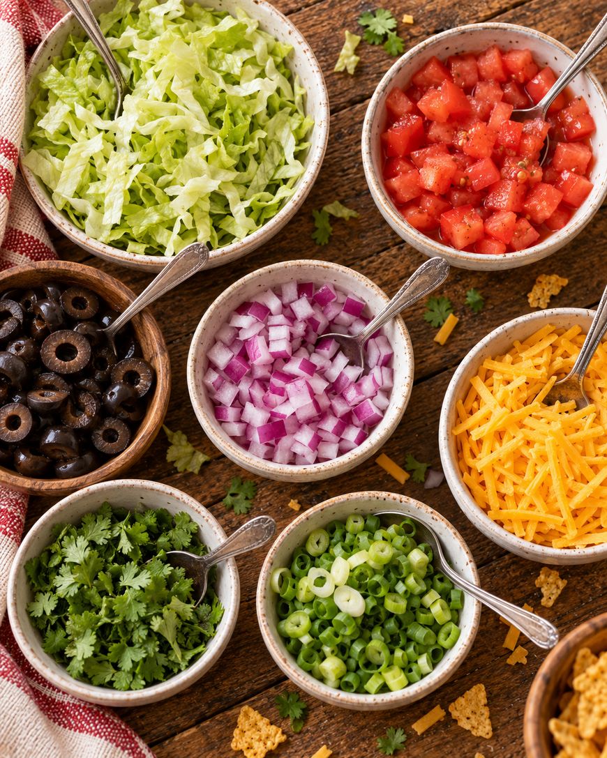 Six small bowls arranged on a wooden surface containing shredded lettuce, diced tomatoes, sliced black olives, diced red onion, shredded cheddar cheese, cilantro, and sliced green onions, each with a metal spoon.