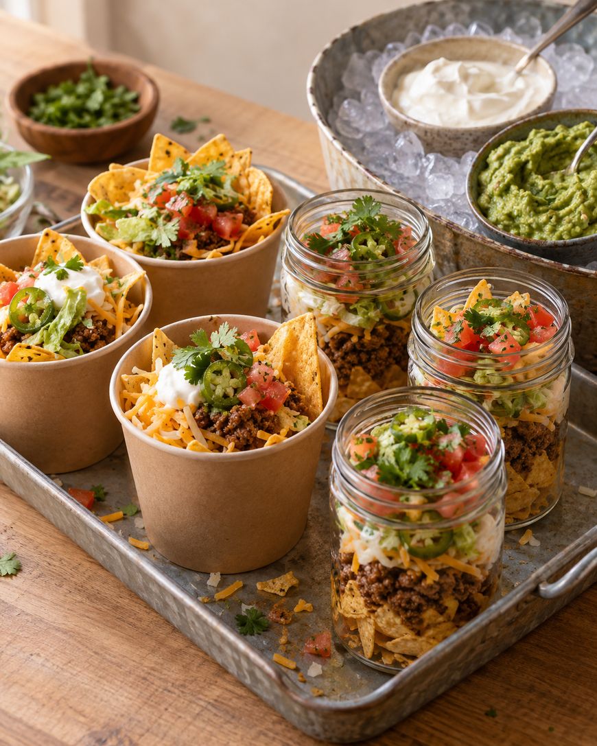 A metal tray holding several paper cups and glass jars filled with taco bowls topped with ground meat, cheese, tortilla chips, salsa, and cilantro, served with sides of guacamole and sour cream on ice.