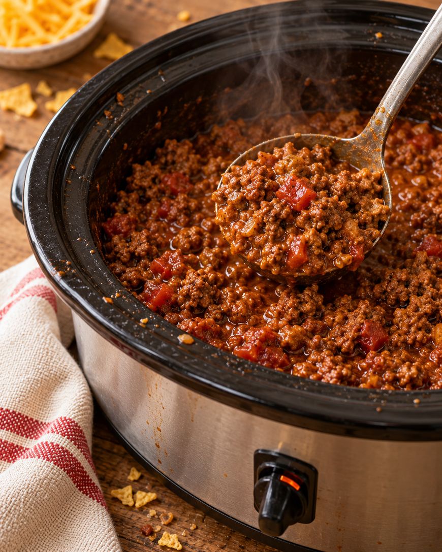 A metal ladle scoops ground beef and tomato chili from a steaming slow cooker.
