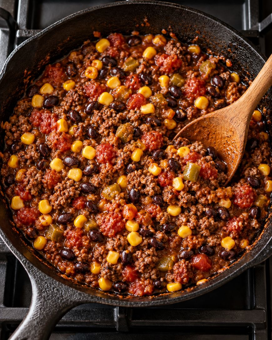 A cast-iron skillet filled with a mixture of ground meat, black beans, corn, and diced tomatoes, with a wooden spoon resting in the center.