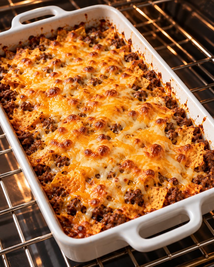 A rectangular baking dish filled with a cheesy taco casserole topped with tortilla chips, sitting on an oven rack.