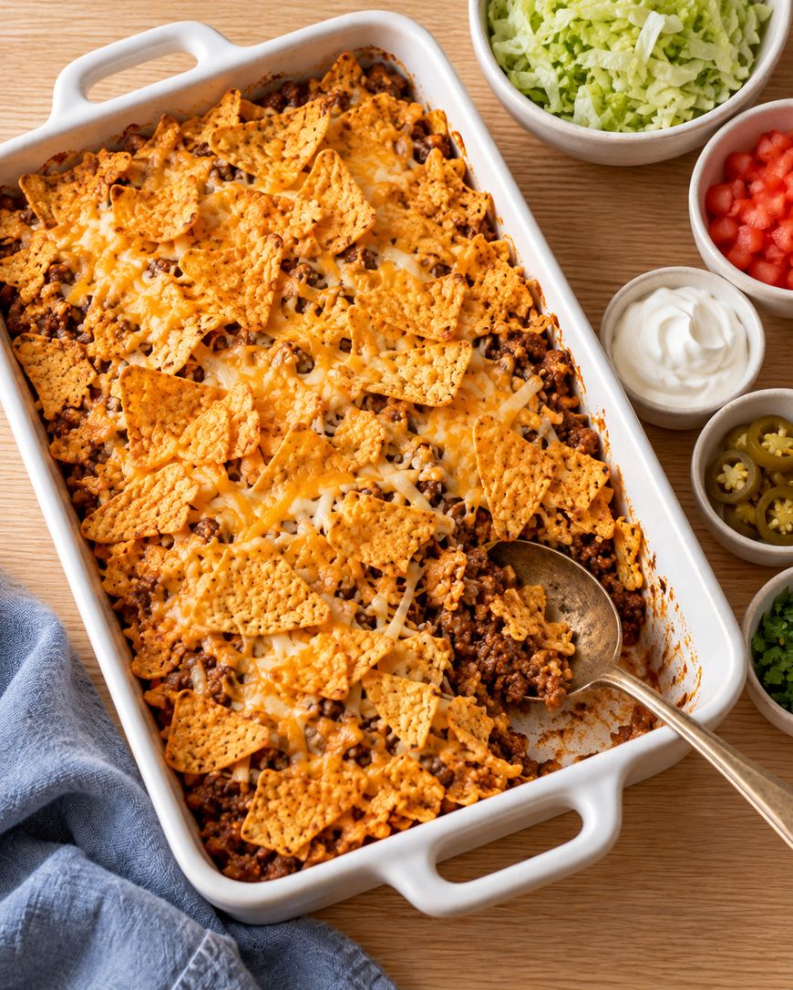A rectangular baking dish filled with a ground meat casserole topped with melted cheese and tortilla chips, served with small bowls of shredded lettuce, diced tomatoes, sour cream, sliced jalapeños, and chopped cilantro.