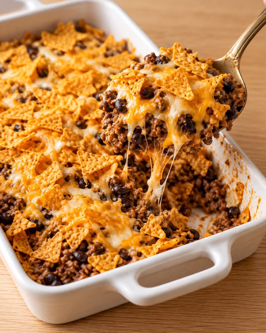 A spoonful of cheesy taco casserole with black beans and tortilla chips being lifted from a white baking dish.