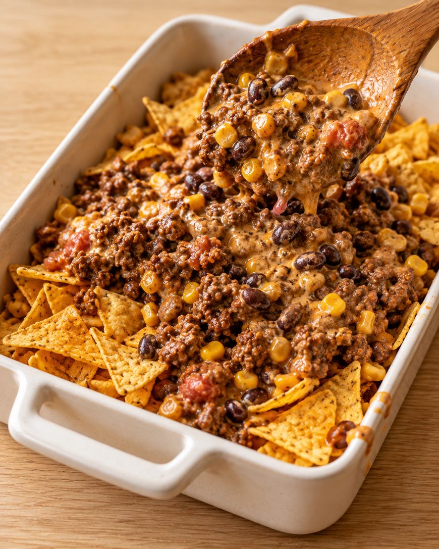 A wooden spoon scoops a mixture of ground meat, black beans, corn, and melted cheese over a base of tortilla chips in a white baking dish.