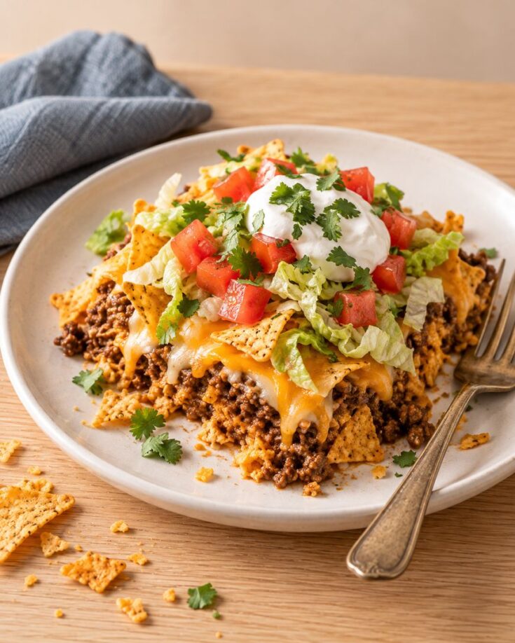 A plate of nachos topped with ground meat, melted cheese, shredded lettuce, diced tomatoes, a dollop of sour cream, and cilantro.