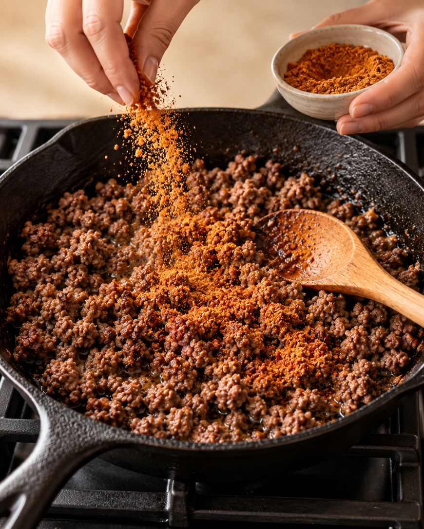 Hands sprinkling seasoning from a small bowl onto browned ground meat in a cast iron skillet.
