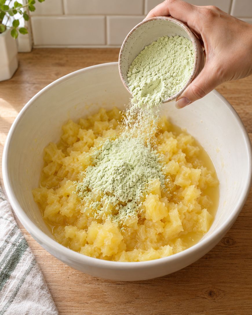 A hand pours a light green powder from a small bowl into a white bowl filled with crushed pineapple.