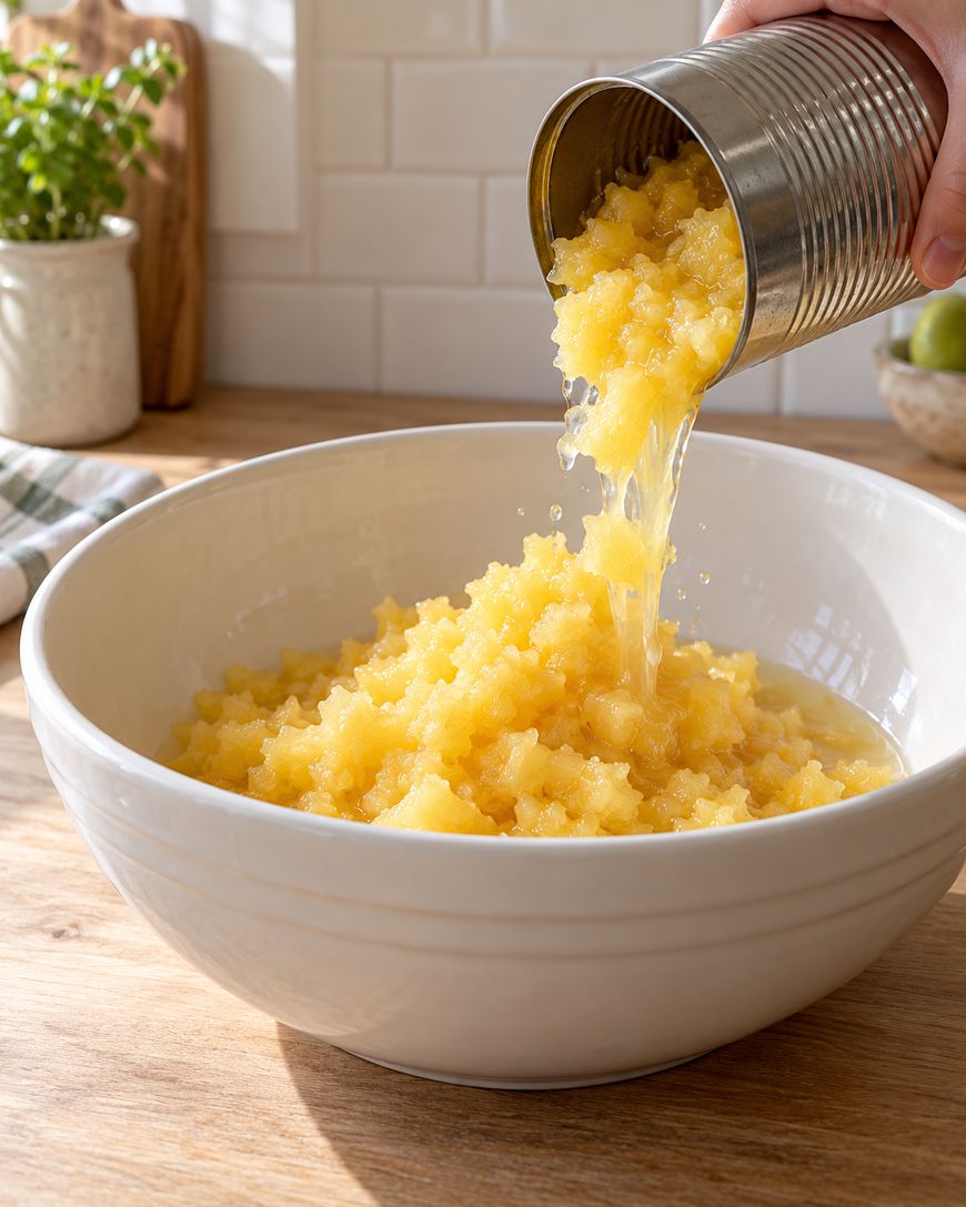 A hand pours a can of crushed pineapple into a white bowl.