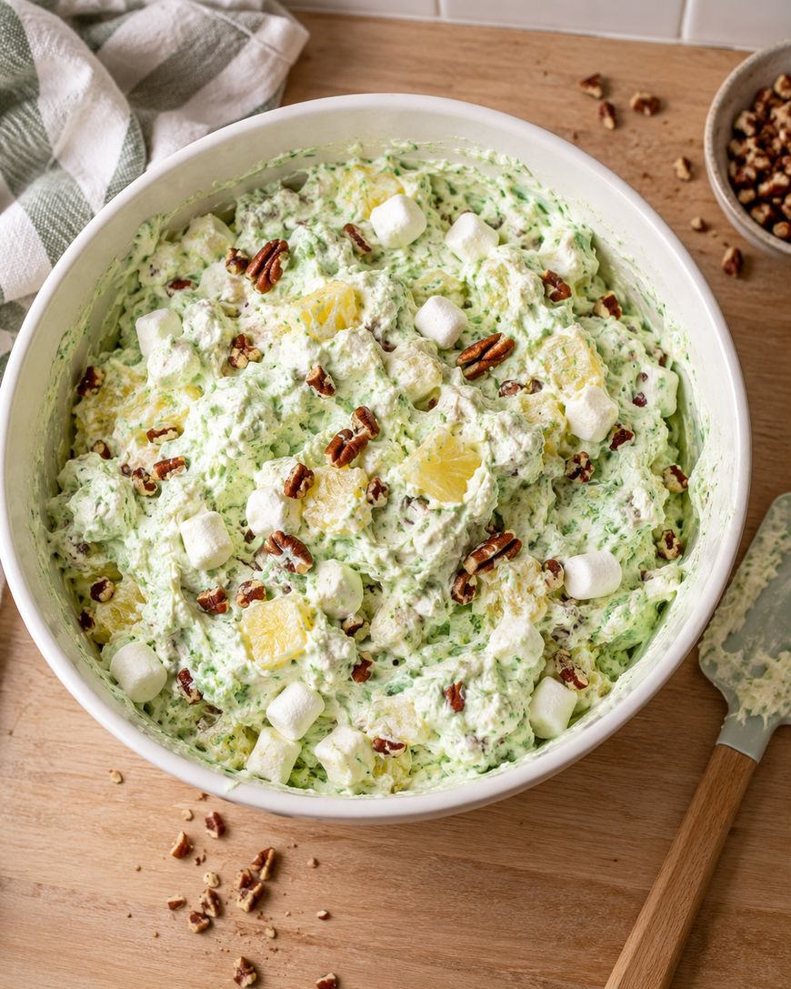 A large bowl of green pistachio fluff salad mixed with pineapple chunks, mini marshmallows, and pecans.