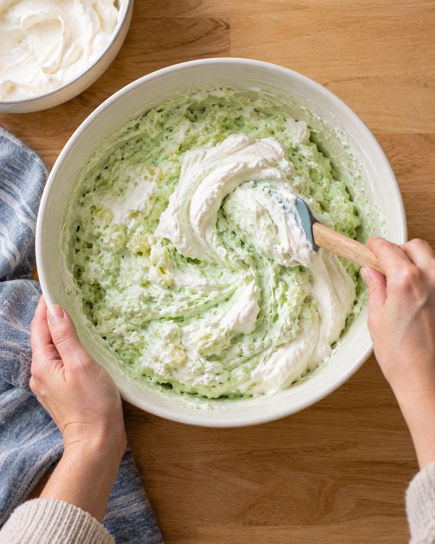 A person uses a spatula to fold white whipped topping into a bowl of creamy green fruit salad.