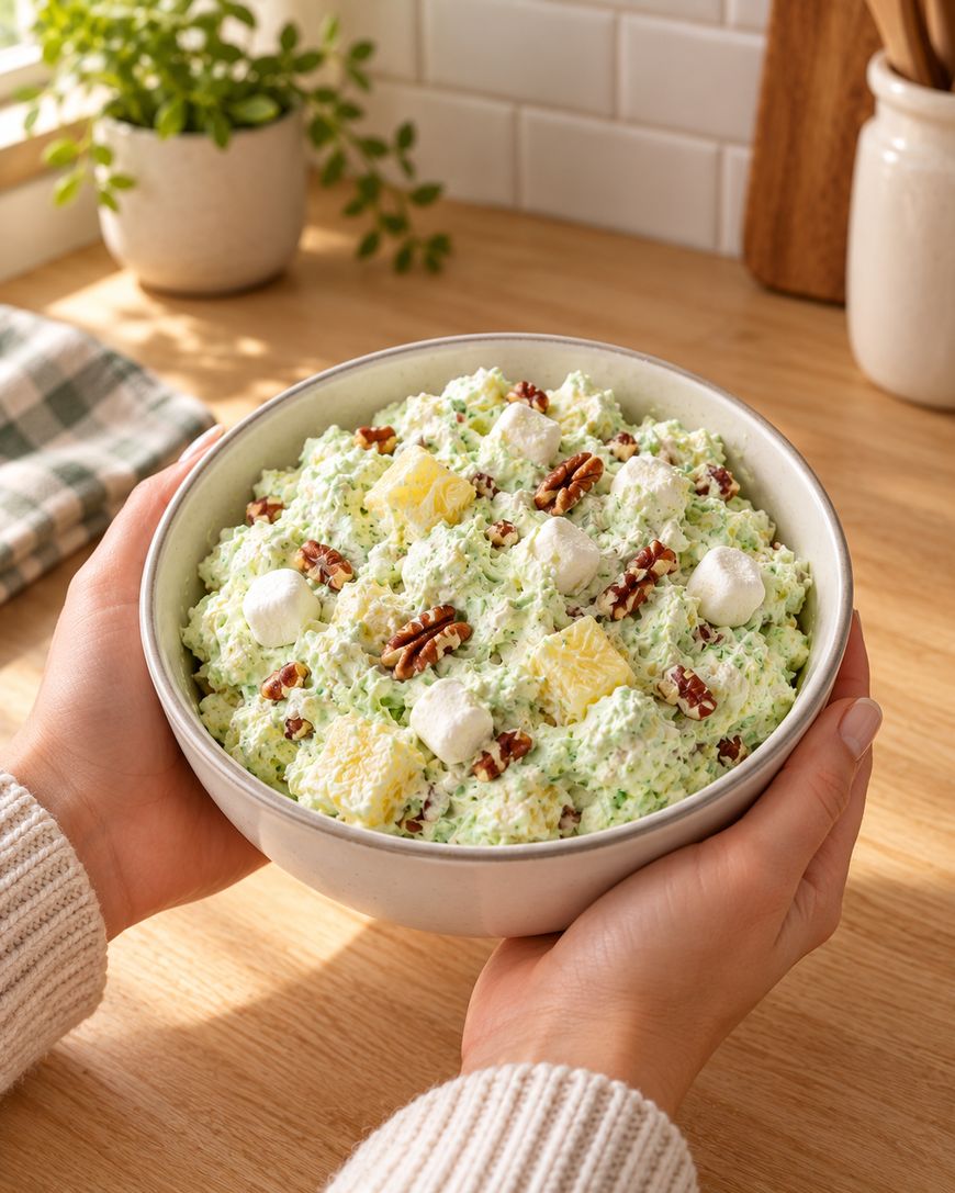 Two hands hold a bowl of green pistachio fluff salad topped with pineapple chunks, marshmallows, and pecans.
