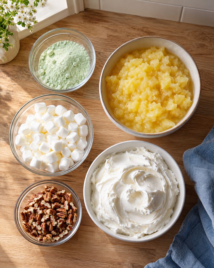 Five bowls arranged on a wooden surface containing crushed pineapple, whipped topping, mini marshmallows, chopped pecans, and a green powdered mix.