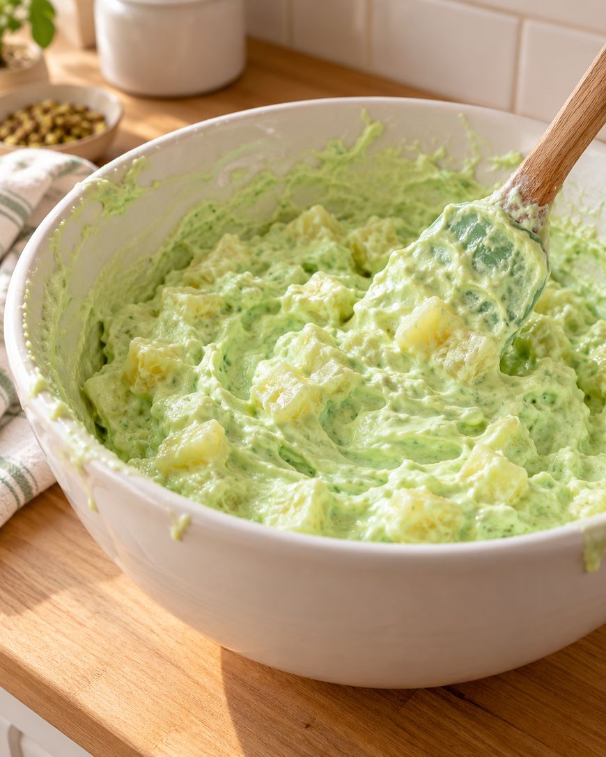 A bowl of creamy green fruit salad being stirred with a spatula.
