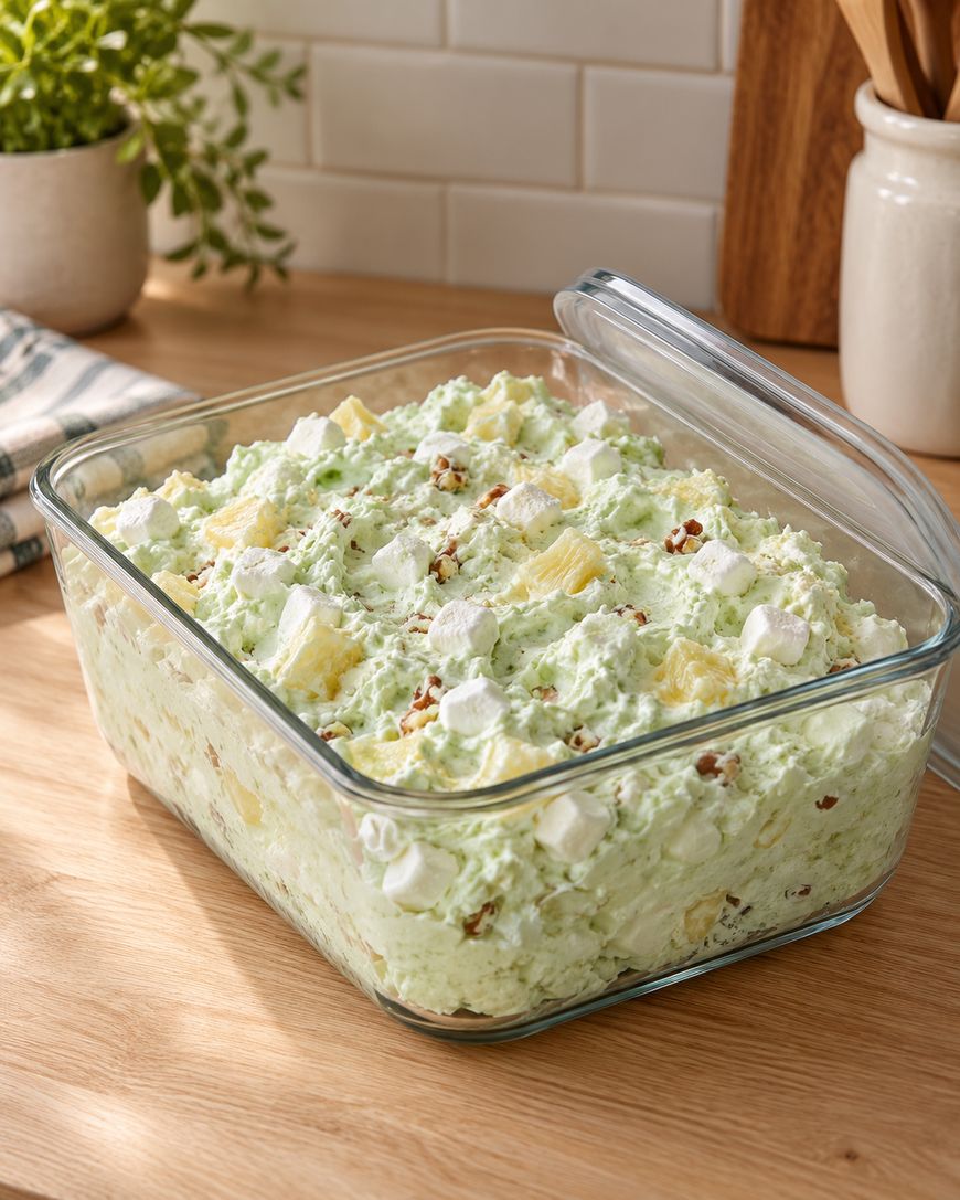 A glass dish filled with green fruit salad containing pineapple chunks, mini marshmallows, and nuts.