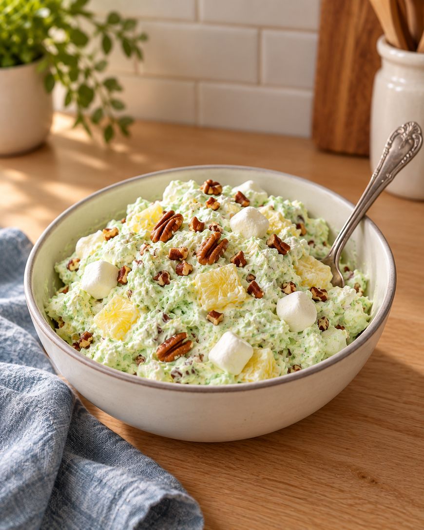 A bowl of green pistachio fluff salad mixed with pineapple chunks, marshmallows, and pecans.
