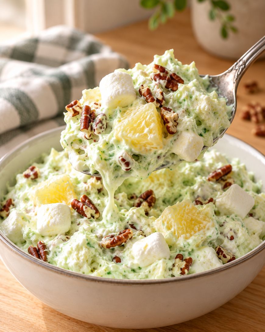 A spoonful of creamy green pistachio salad containing marshmallows, pineapple chunks, and pecans held over a bowl of the same salad.