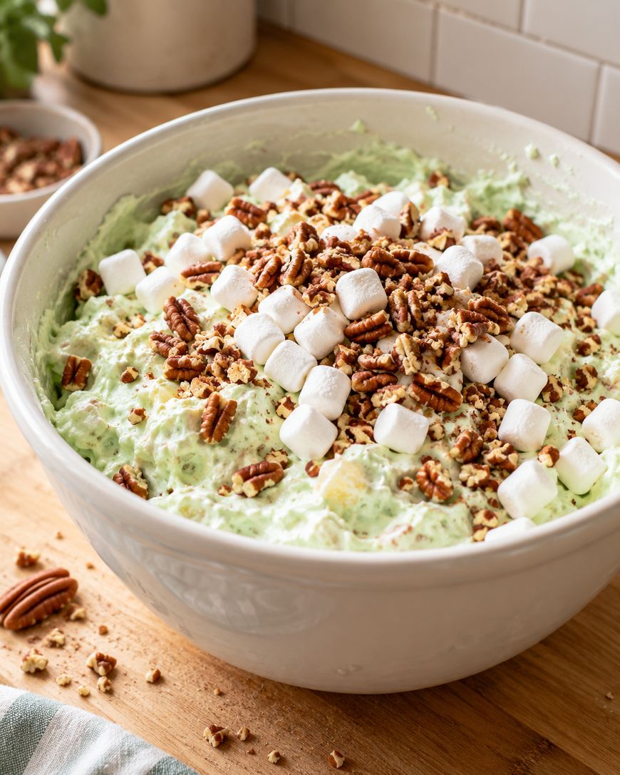 A large white bowl filled with green fruit salad topped with marshmallows and chopped pecans.